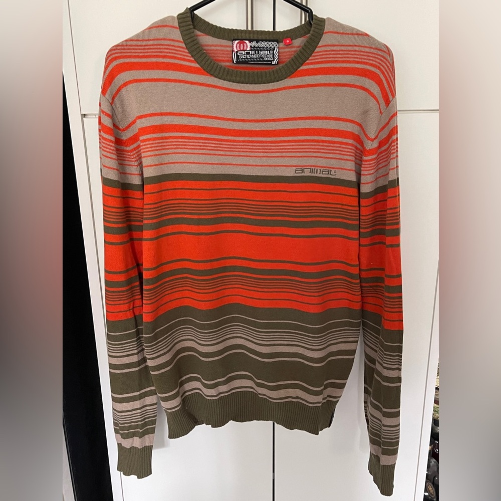 Men’s Animal Cotton Pullover Sweater Orange And Green Stripes Size Small S